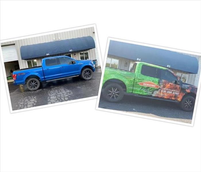 blue F150 on left F150 wrapped with SERVPRO logo on right 